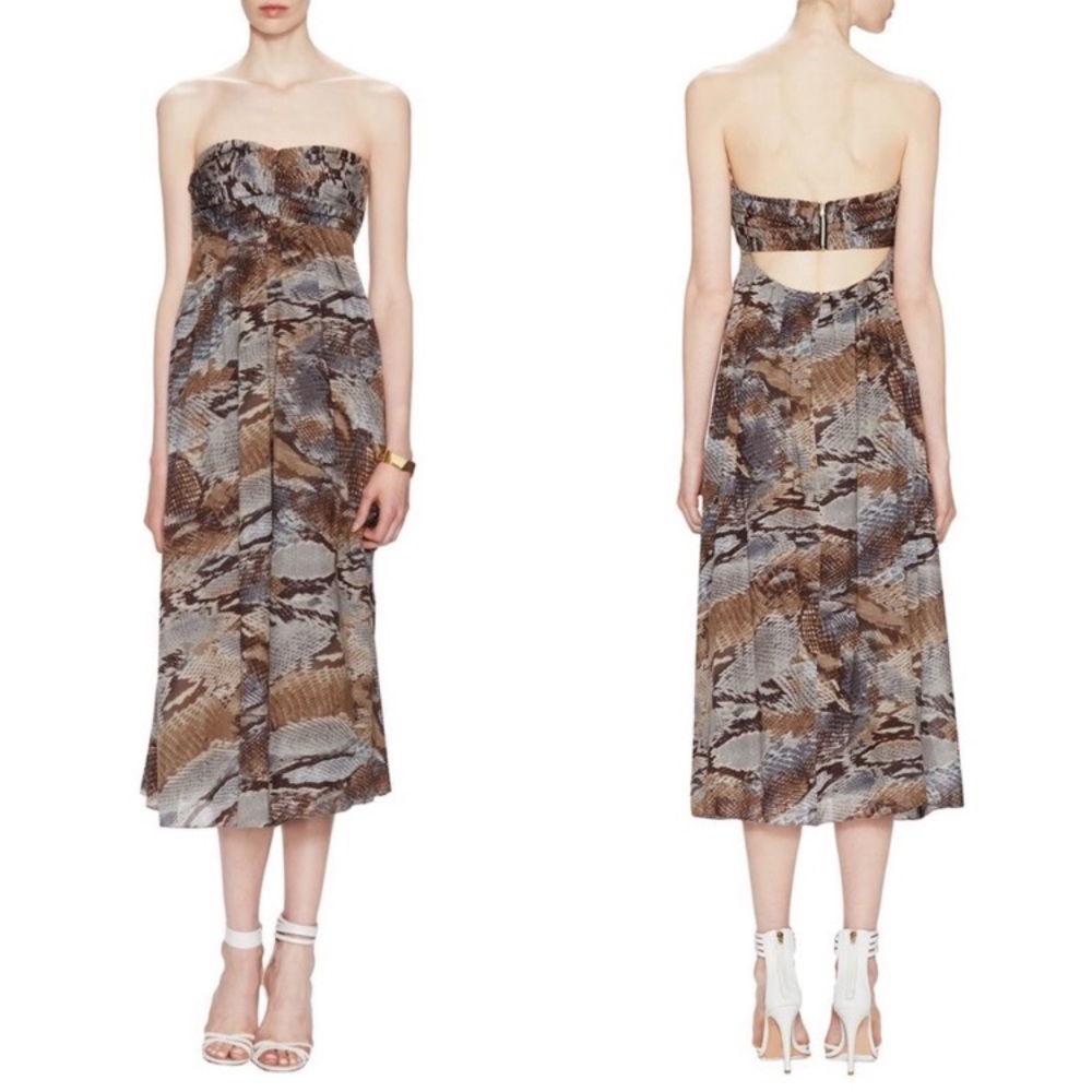 L'agence Python Print Strapless Pleated Midi Dress - image 1